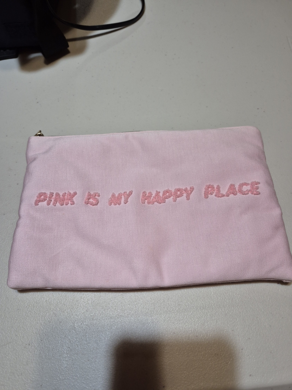 Benefit Pink Canvas Cosmetic Pouch with Embroidered Slogan